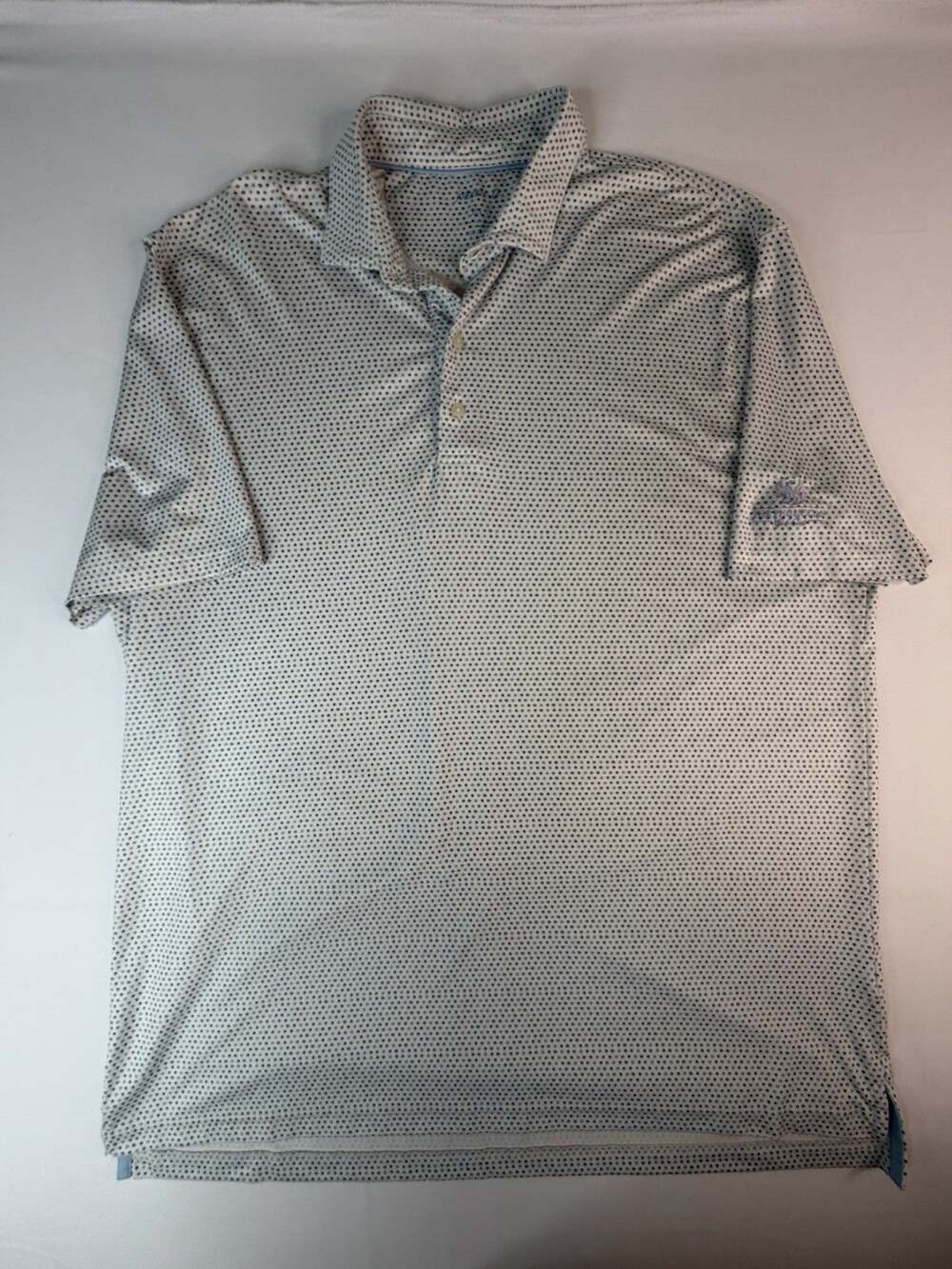 johnnie-O Mens XL Golf Polo Shirt Phoenician Golf Club White Blue Polka Dot